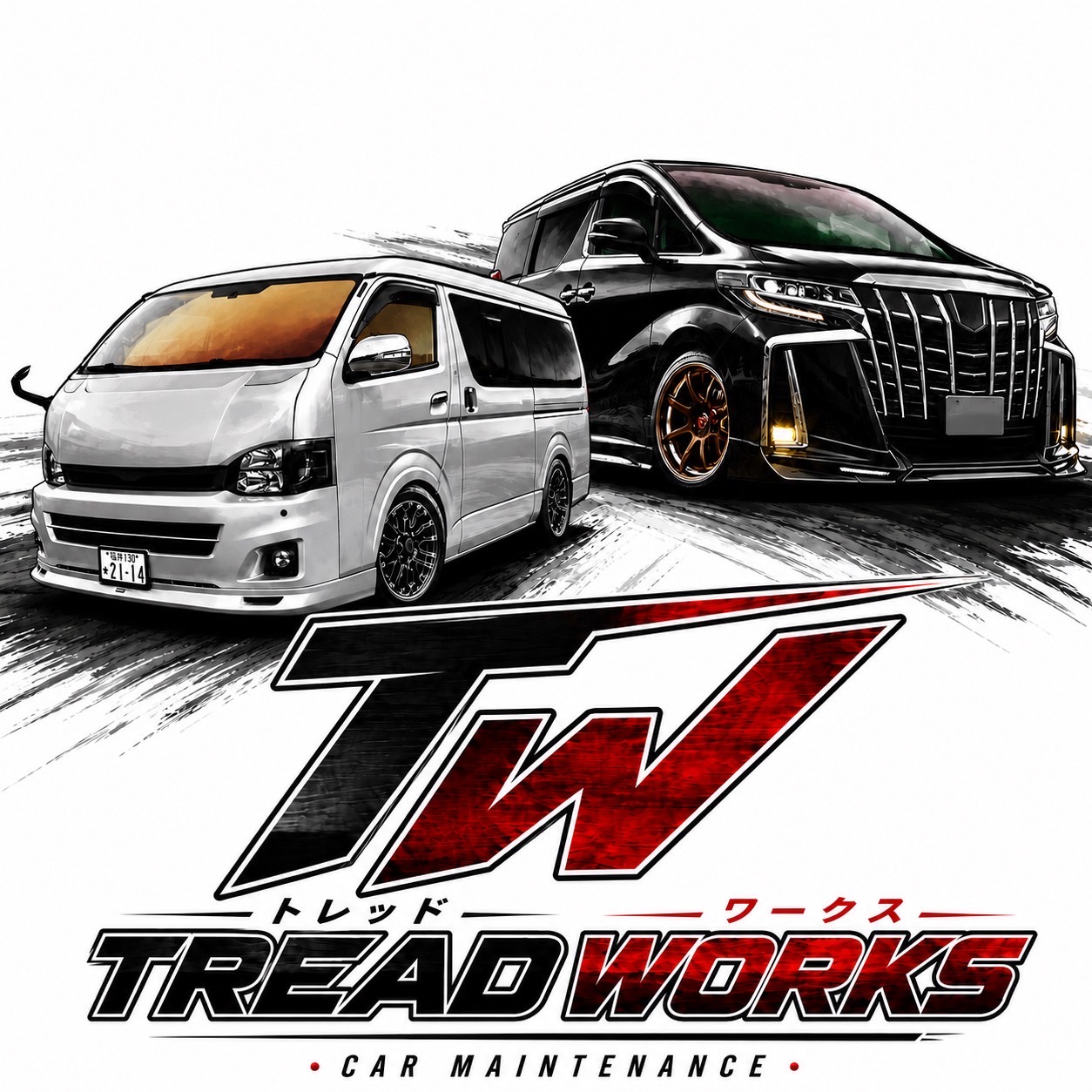 カスタムされた2台の車とTREAD WORKSのブランドロゴ